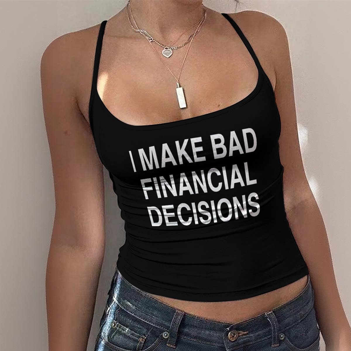 I Make Bad Financial Decisions Spaghetti Strap Tank - Black