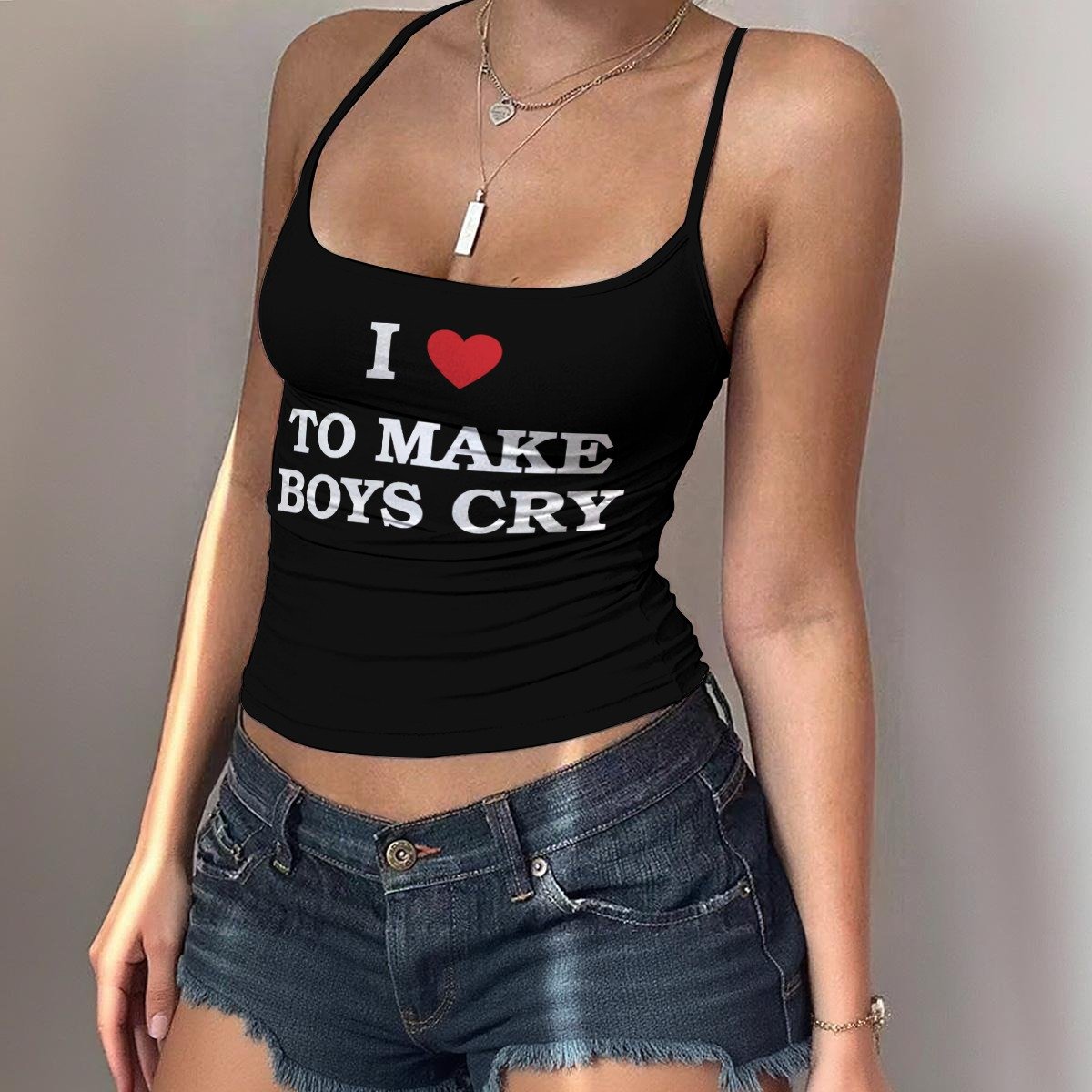 I Love To Make Boys Cry Spaghetti Strap Tank - Black - Image 2