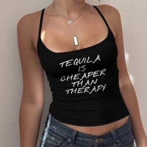Tequila Is Cheaper Than Therapy Spaghetti Strap Tank - Black