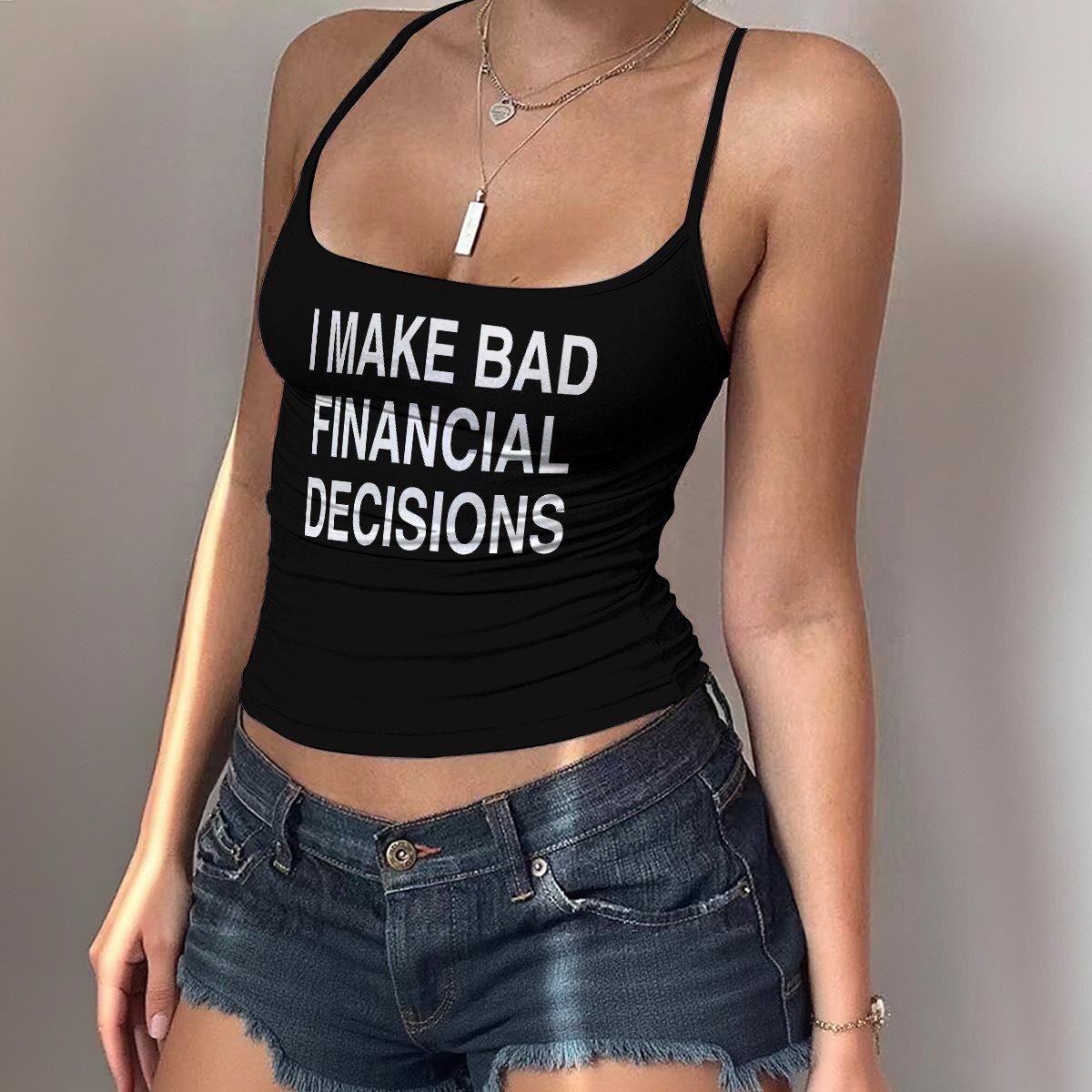I Make Bad Financial Decisions Spaghetti Strap Tank - Black - Image 2
